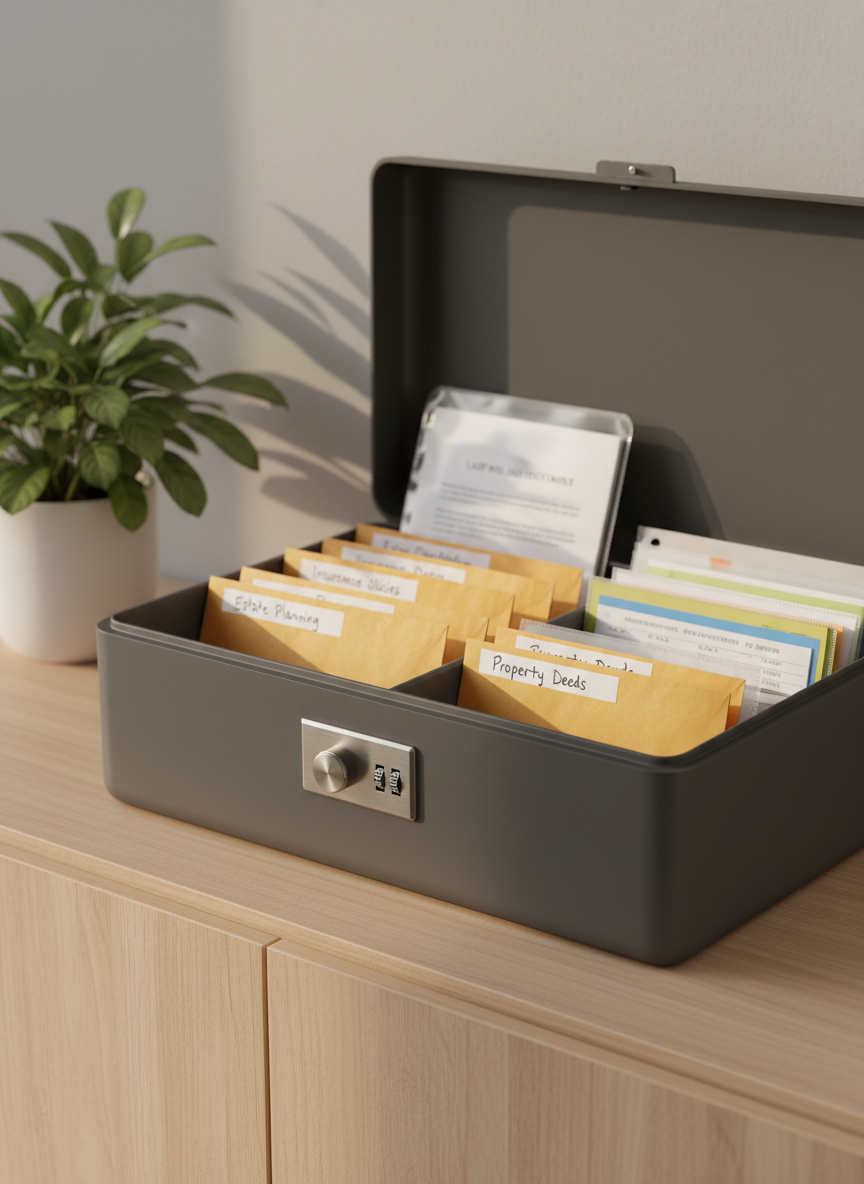 A sleek, lockable fireproof document box in matte graphite, its lid slightly open to reveal neatly arranged labeled envelopes, a will, and a small stack of organized financial documents in protective sleeves. The box sits on a simple, light-colored sideboard against a soft gray wall, with a single green plant in a ceramic pot blurred in the distance. Diffused afternoon window light falls from the left, highlighting the texture of the box and creating subtle reflections on a brushed metal combination lock. Photographic realism, calm and trustworthy mood, eye-level composition with sharp focus on the box and a gently blurred background, evoking safety, preparedness, and discretion.