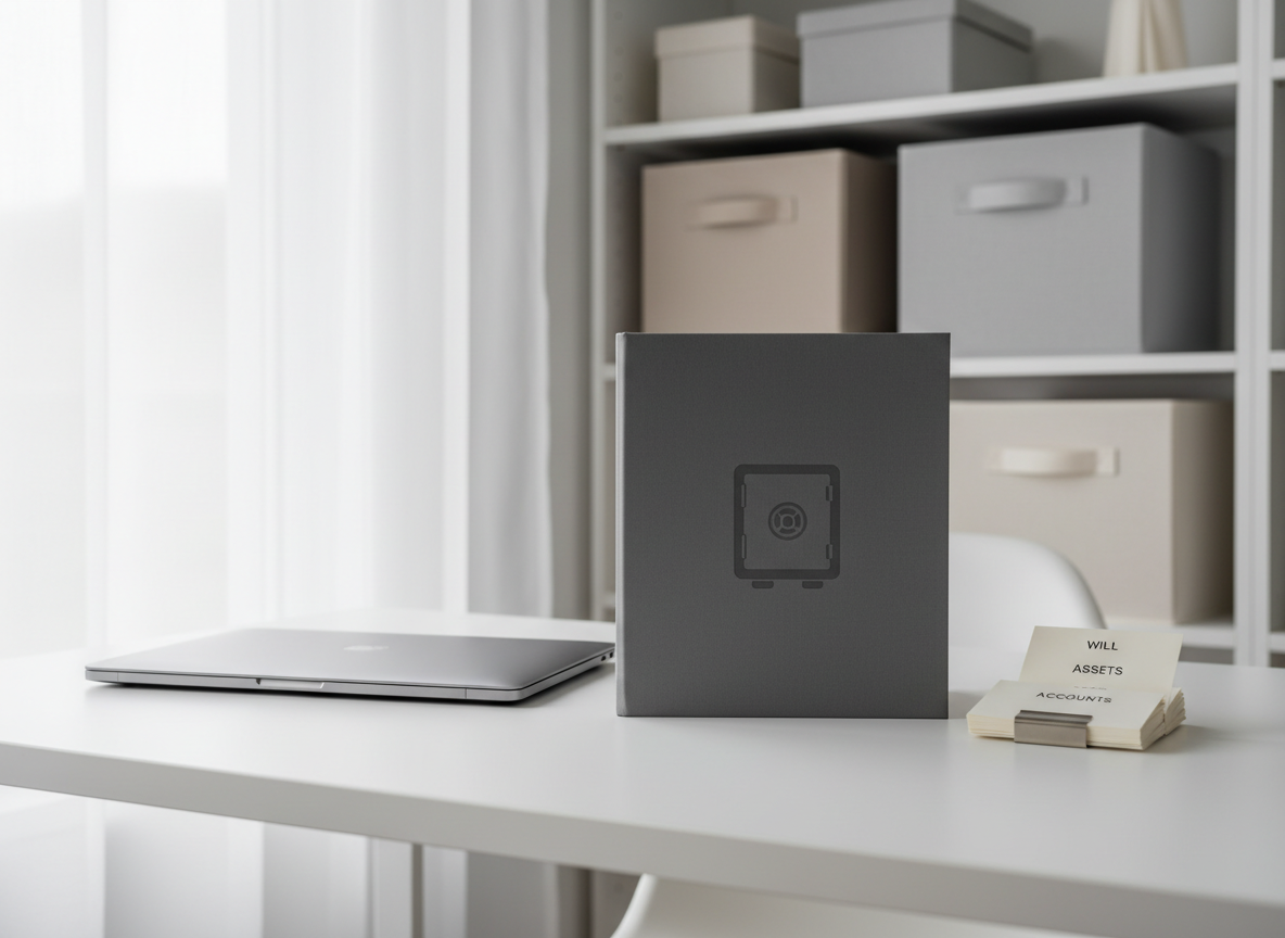 A minimalist, modern home office corner with a matte white desk, a slim closed laptop, and a single charcoal-gray hardcover binder embossed with a subtle vault icon resting prominently in the center. Beside it, a small stack of neatly labeled index cards is held together by a brushed metal clip. The background features a softly blurred bookshelf with a few carefully arranged neutral-toned storage boxes. Soft, overcast daylight filters through a sheer curtain, creating even, diffused lighting with minimal shadows. Photographic realism, shot at eye level with balanced composition and ample negative space, evoking calm, focus, and a professional, trustworthy environment for organizing life and legacy information.