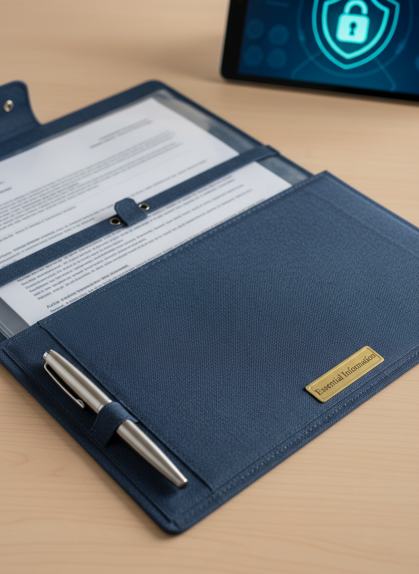 A close-up of a sturdy, navy-blue archival folder with a textured, cloth-like finish, resting on a smooth light maple desk. The folder is open to reveal clear plastic sleeves holding important-looking documents with visible but unreadable text, alongside a neatly inserted metallic pen and a small, engraved brass tab reading “Essential Information.” In the softly blurred background, a subtle outline of a digital tablet displays an abstract, secure lock icon. Gentle, neutral-toned studio lighting from above and slightly to the right creates soft reflections and precise, calm shadows. Photographic realism, shallow depth of field, intimate composition that highlights care, permanence, and the importance of protecting critical life details.