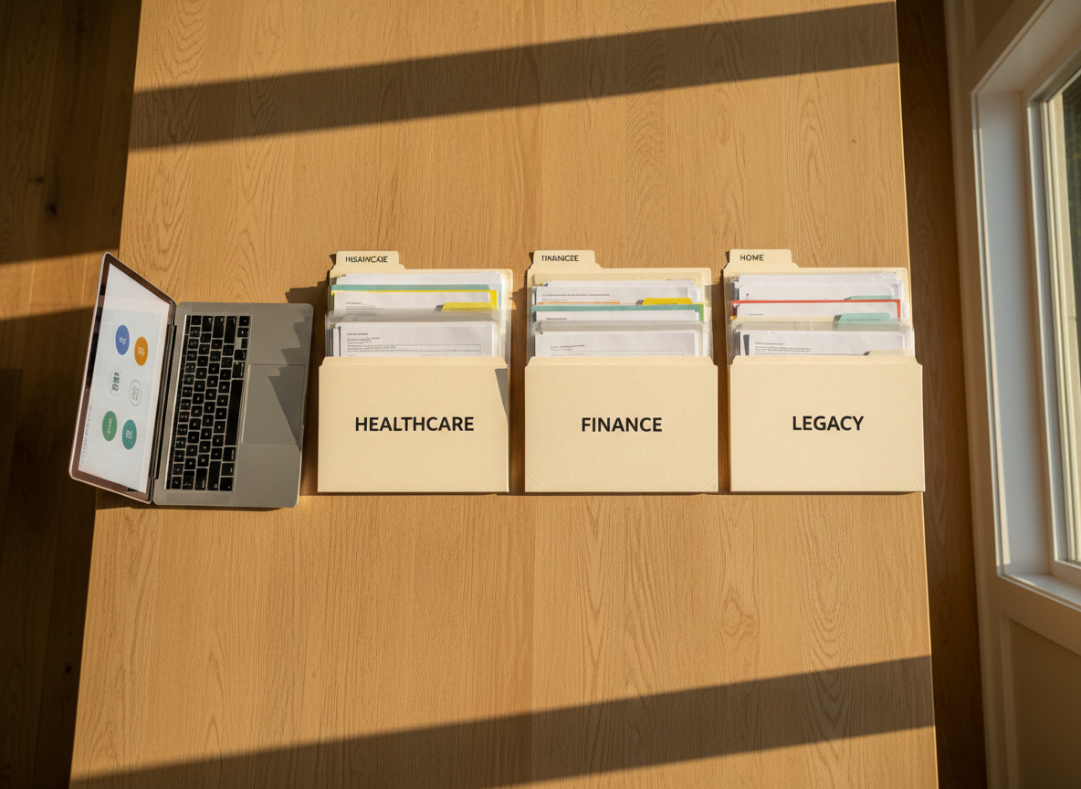 A large, clean wooden dining table transformed into an organizing workspace, covered with neatly spread-out folders labeled “Healthcare,” “Finance,” “Home,” and “Legacy,” each containing tidy stacks of papers in transparent sleeves. A thin, silver laptop sits open to a minimalist dashboard with simple icons representing life categories, softly out of focus. Warm late-afternoon sunlight streams across the table from the right, casting long but gentle shadows and a golden tone on the natural wood grain. Photographic realism, captured from an overhead bird’s-eye view that clearly shows the structured layout, with a calm, methodical atmosphere that emphasizes clarity, order, and thoughtful planning.